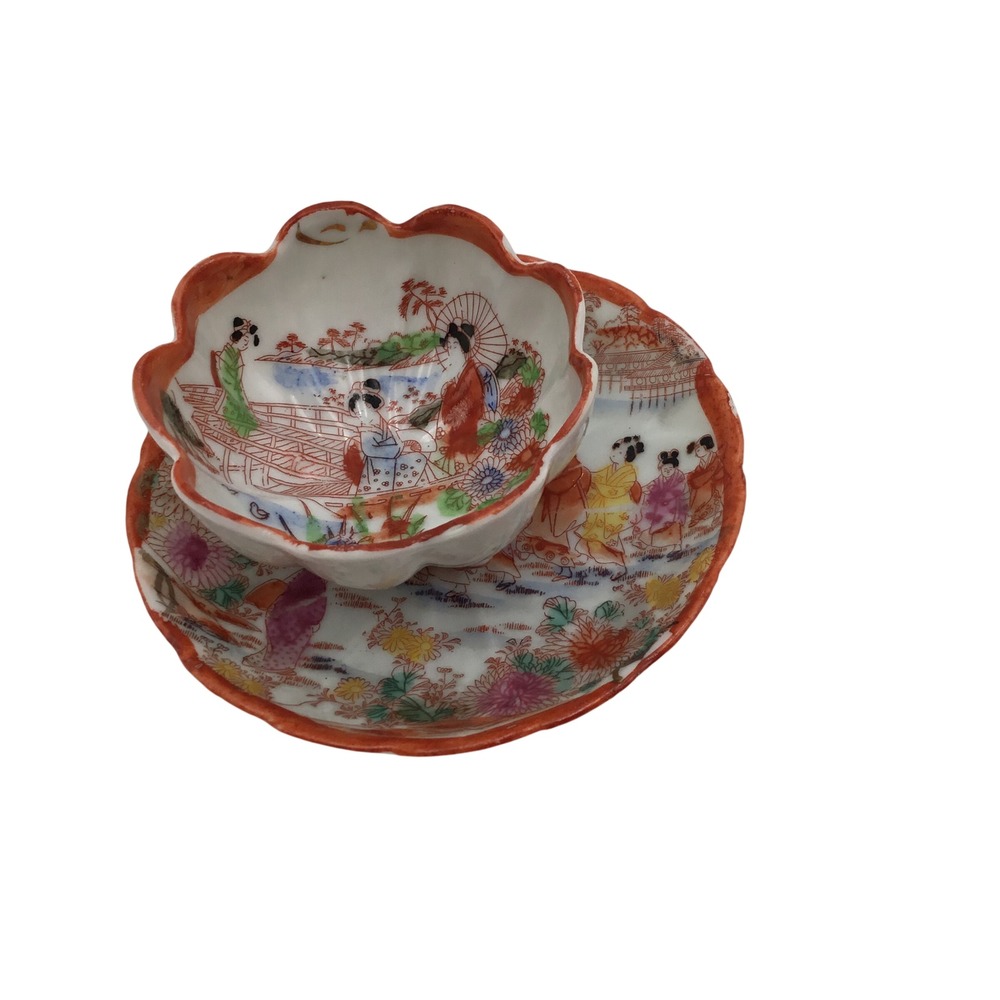 Japanese Porcelain Nut mini‎ bowl and Saucer Set Geisha Garder Hand Painted